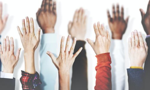 Multiple hands raised to volunteer