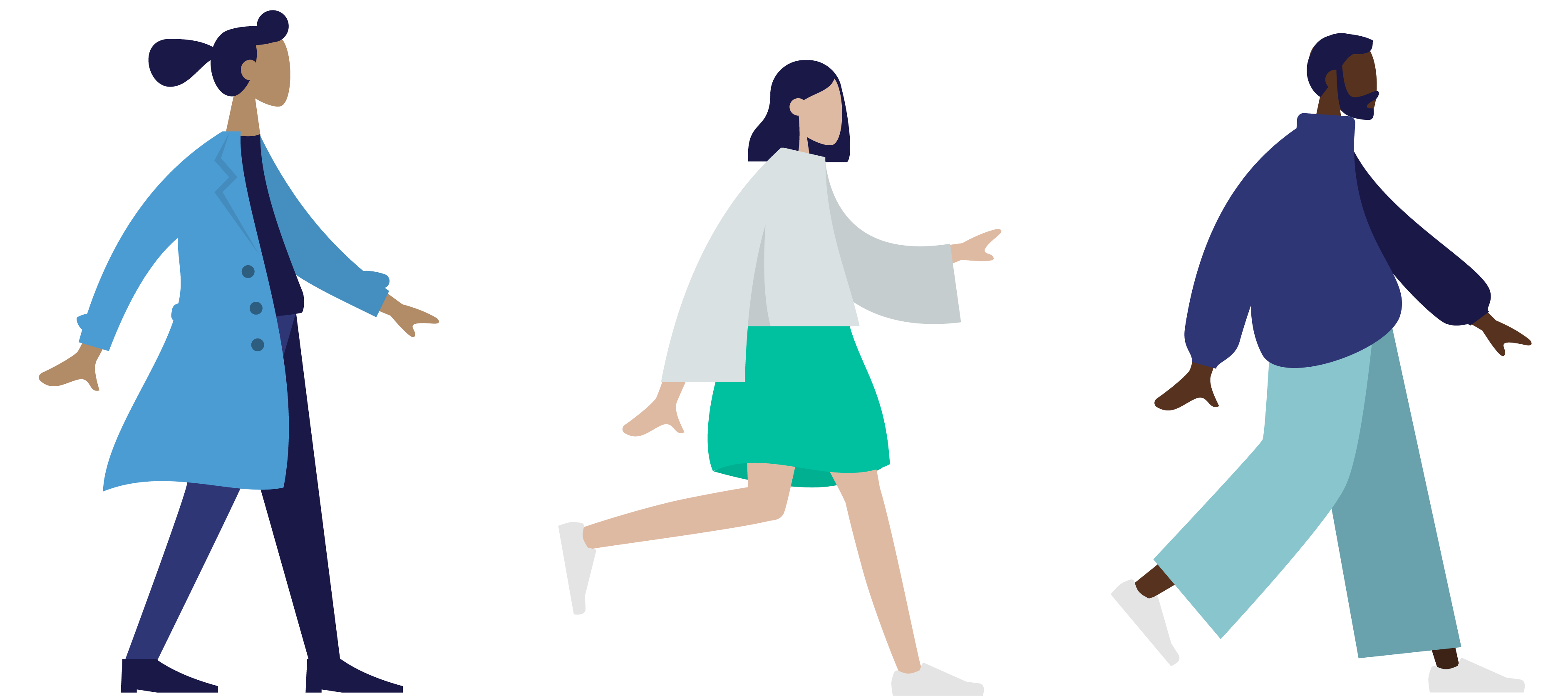 Side view of cartoon people walking in a line.